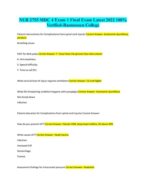 Mdc 4 final exam rasmussen - Rasmussen College:NUR 2755 MDC4 Final Exam Multidimensional Care IV _LATEST 2021/2022 MDC4 Final Exam Why teach patient to deep breath and cough after surgery - prevent pneumonia Normal drainage for surgical site? - Clear (serous) or pale/red/watery (serosanguineous) Worrisome sign of post op patient?? - Restlessness Clearly if patient is presenting to ER with heat exhaustion, what is the ...